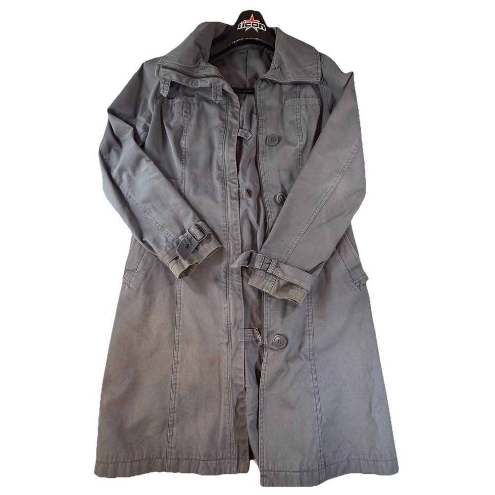 Divided By H&M Long Trench Jacket Size 12 Gray Cotton Blend Buckle Sleeve Coat